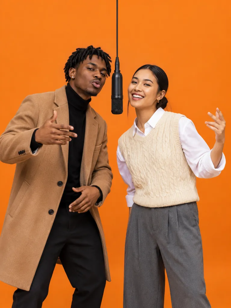 Two friends trading bars as a rap duo in a bright orange booth, one rapping into a black microphone hanging from the ceiling