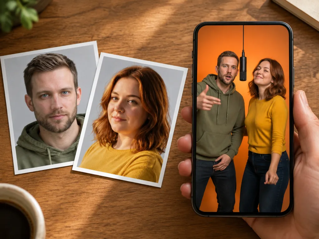 A phone playing a rap duo video of two friends in an orange studio booth, beside the two portrait photos it was made from