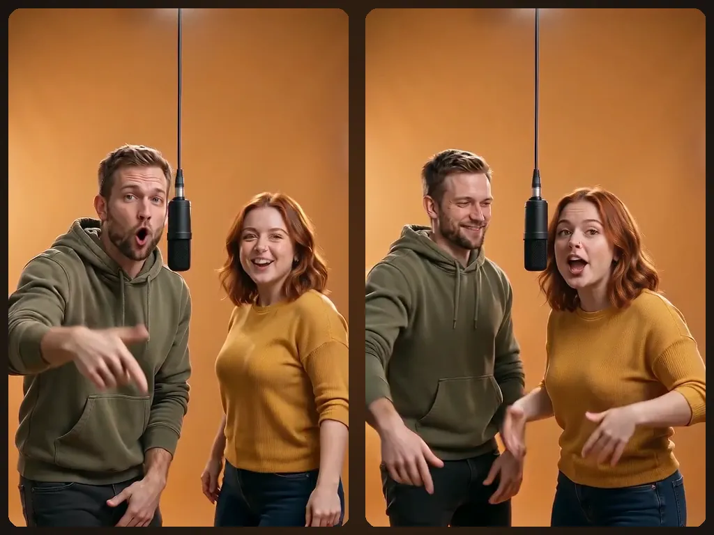 Two frames from one rap duo video: first he raps into the hanging mic, then she takes over the second half