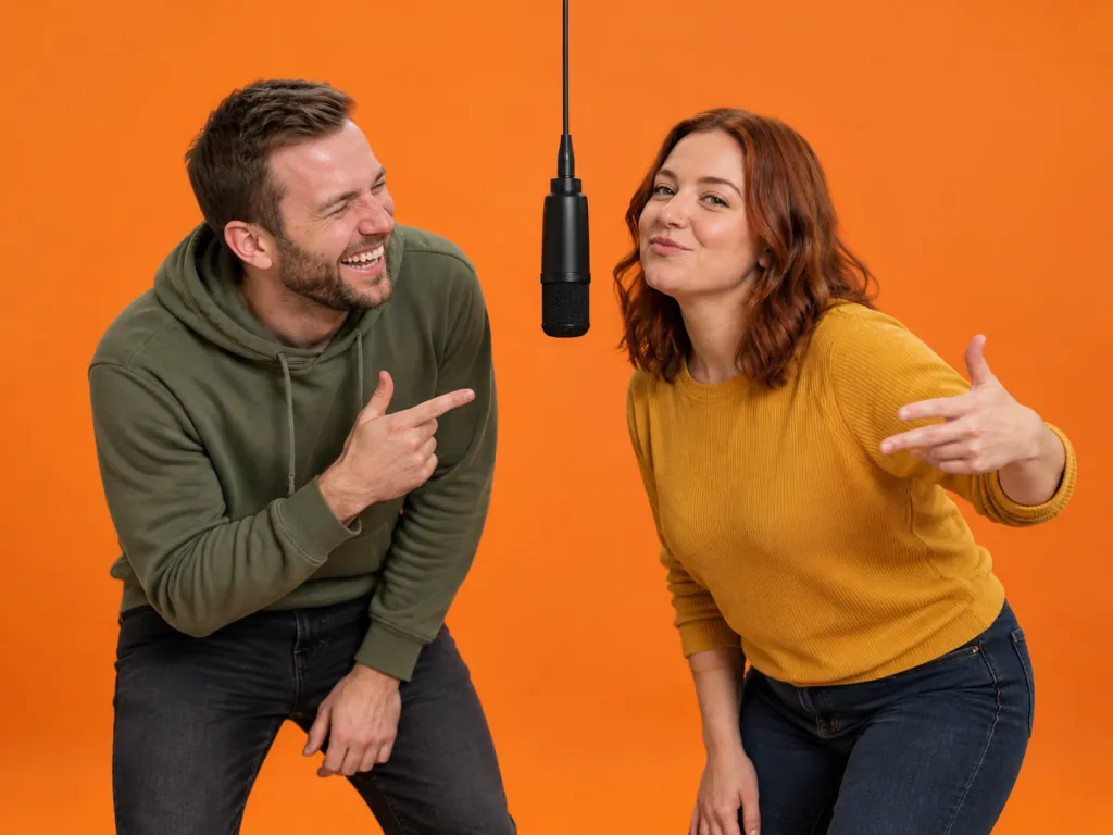 A rap duo cracking up mid-verse in an orange booth, the man pointing at his friend as she delivers a punchline at the hanging mic