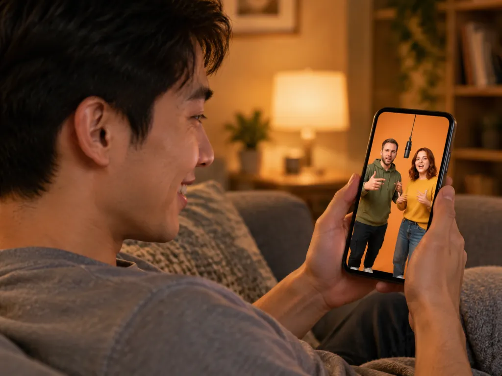 A young man on a couch smiling at his phone as a rap duo preview plays, two friends rapping in an orange booth on screen