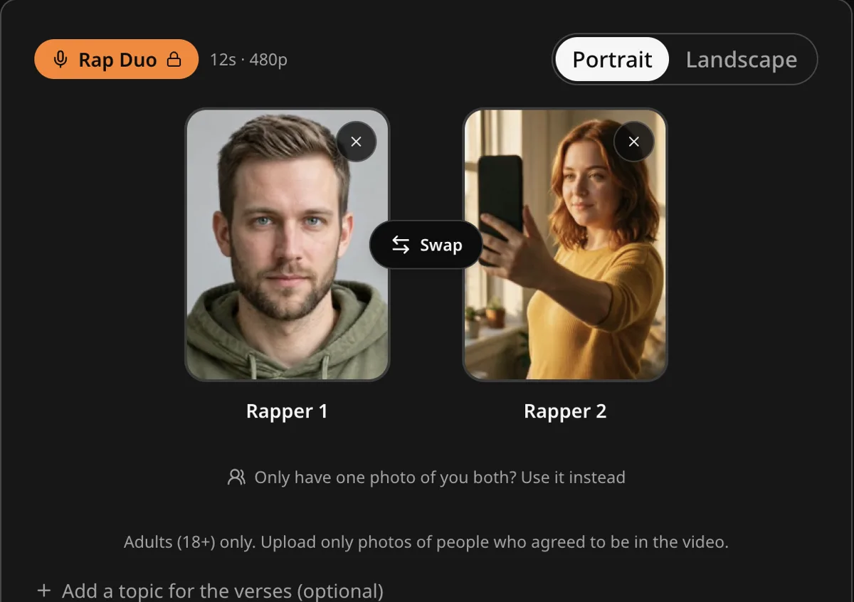 The rap duo composer with Rapper 1 and Rapper 2 photos side by side and the Swap button between them