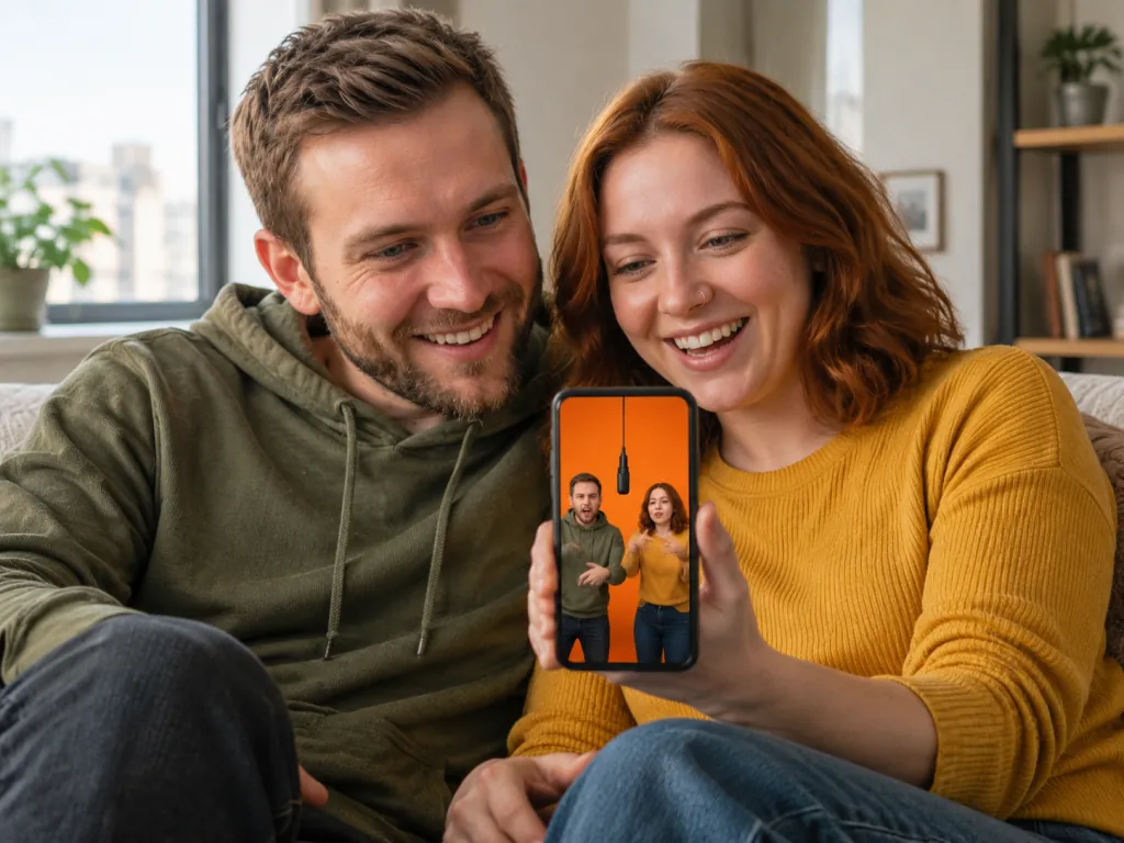 Two friends on a sofa laughing at their finished rap duo video on a phone, the orange booth clip playing on screen