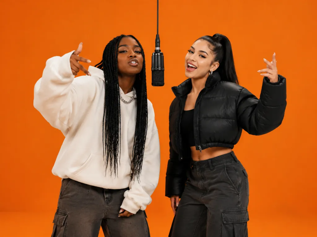 Two best friends in streetwear trading bars on a hanging mic in an orange booth, one rapping while the other throws ad-libs
