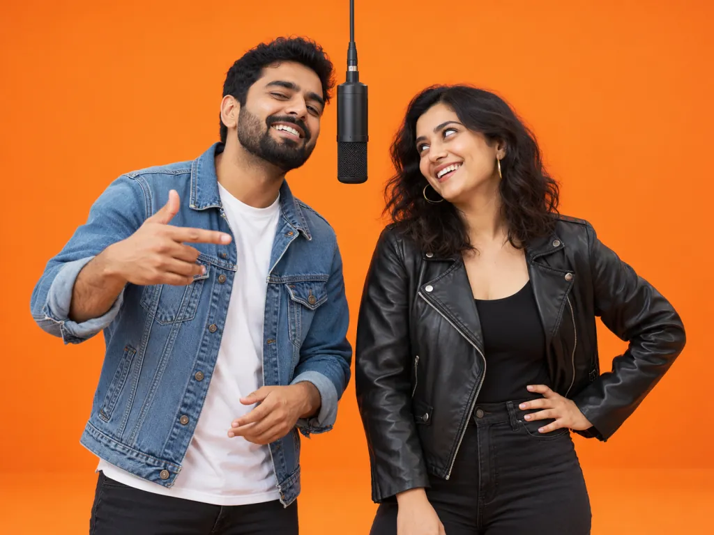 A couple trading bars on one hanging microphone in an orange rap duo booth, laughing at each other mid-verse