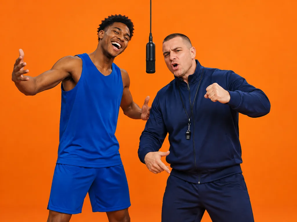 A basketball player and his coach hyping each other up as a rap duo in an orange booth under a hanging mic