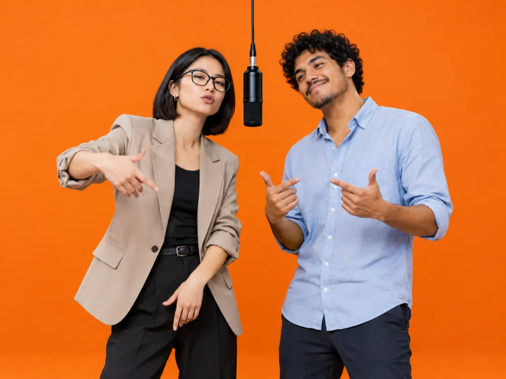 Two coworkers in business casual rapping together at a hanging studio mic in an orange booth