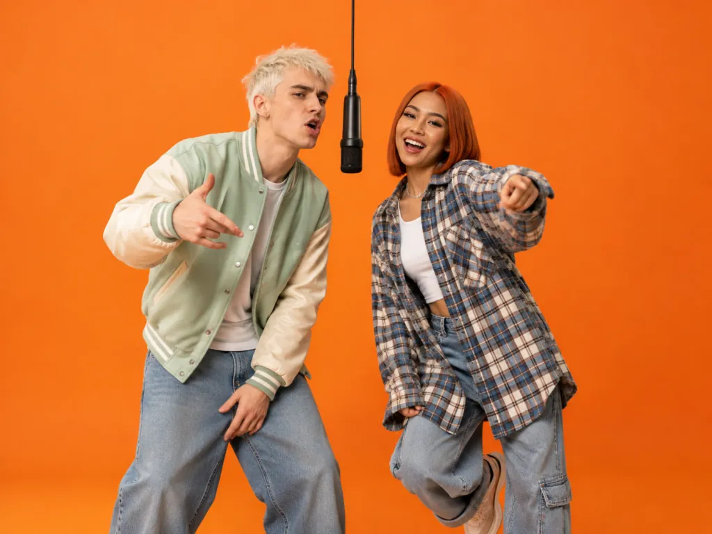 Two content creators in bold fashion performing as a rap duo on a hanging mic in a bright orange booth